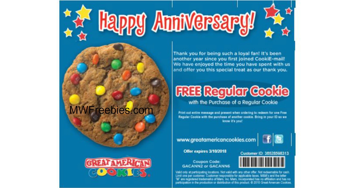 FREE Cookie @ Great American Cookies For Your Eclub Anniversary ...