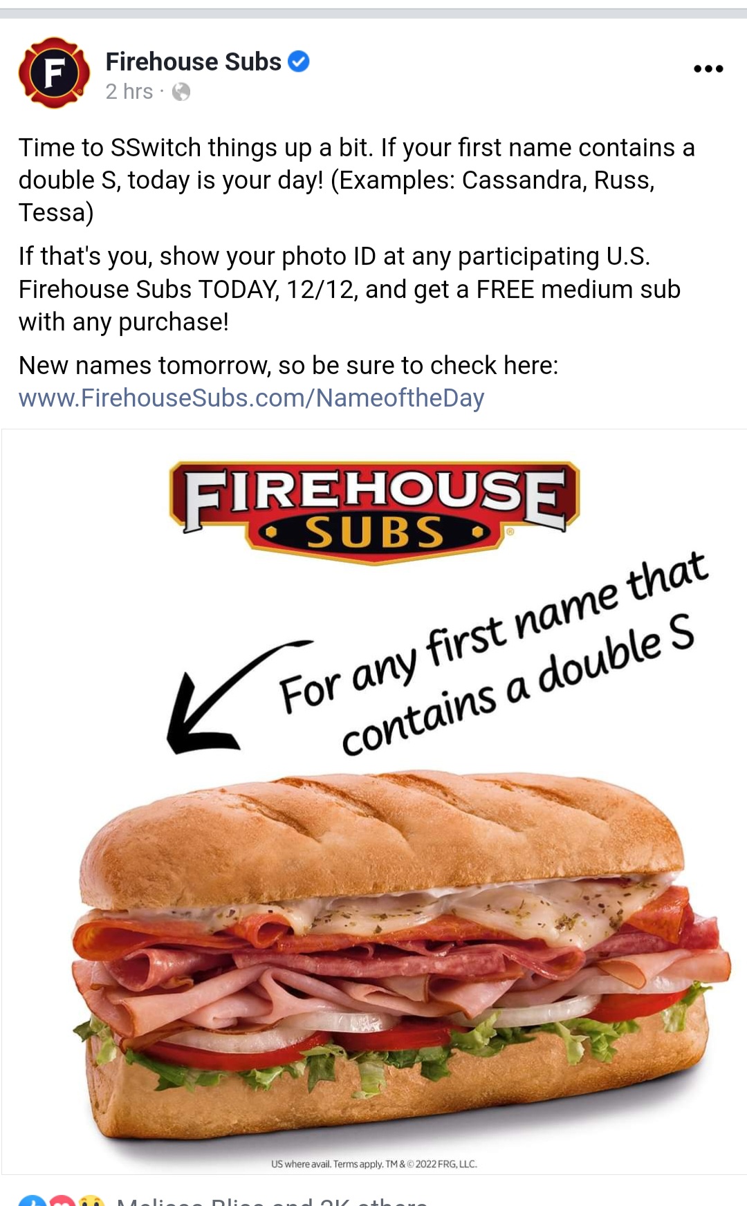 FREE Medium Firehouse Sub For Names Containing Double S, Today Only ...