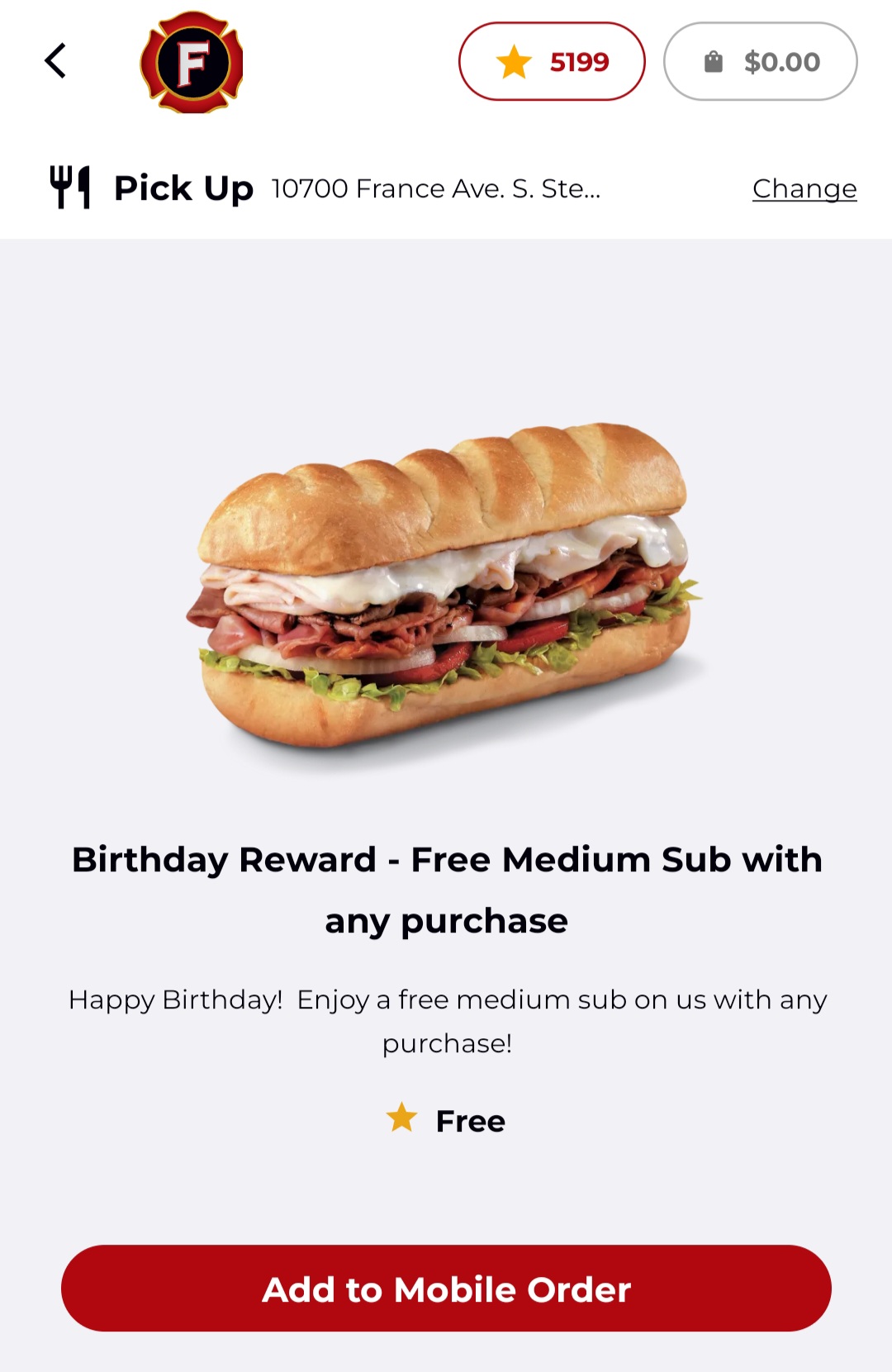 FREE Medium Sub For Your Birthday From Firehouse Subs! (app required